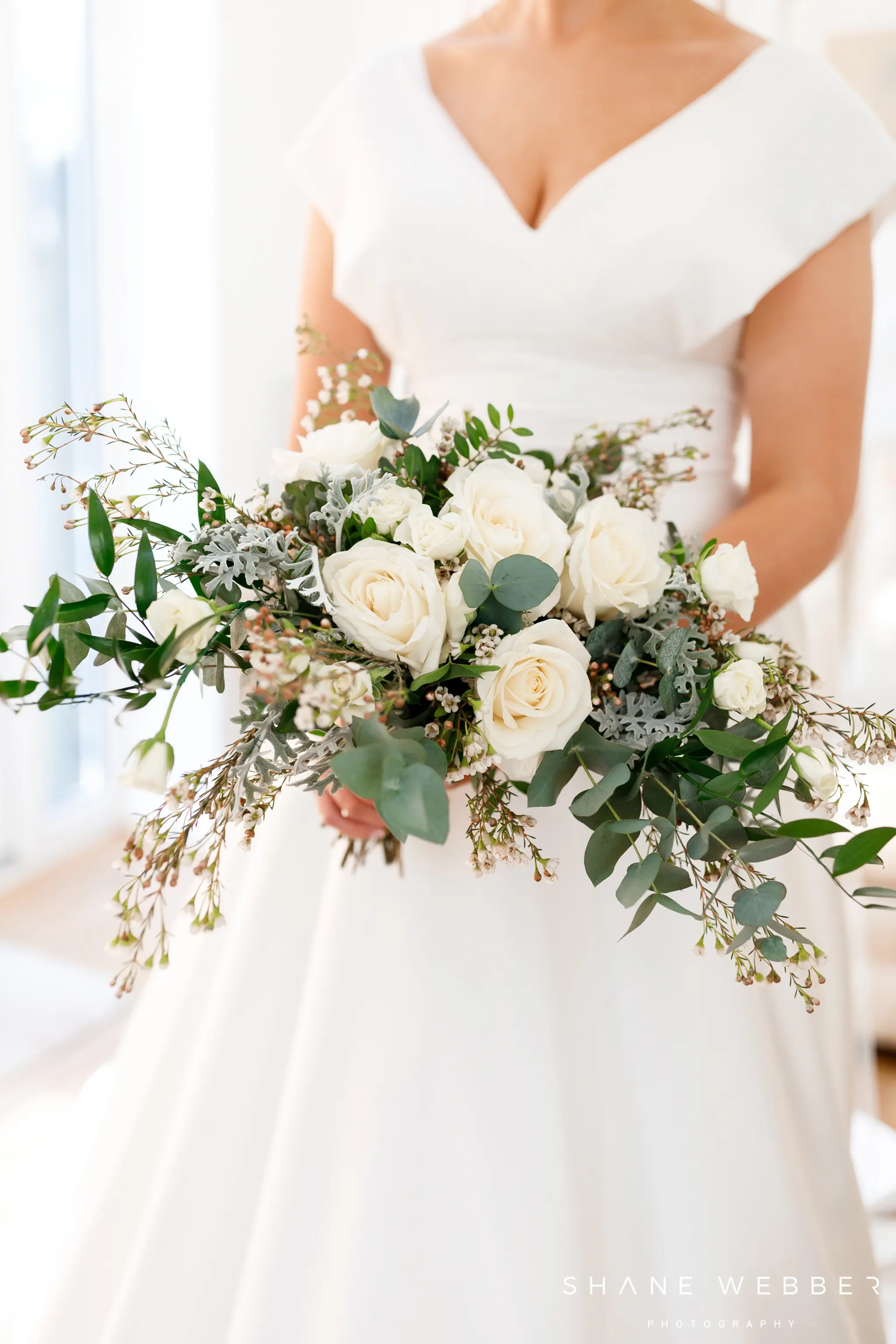 Natural White wedding bouquet with roses and Eucalyptus